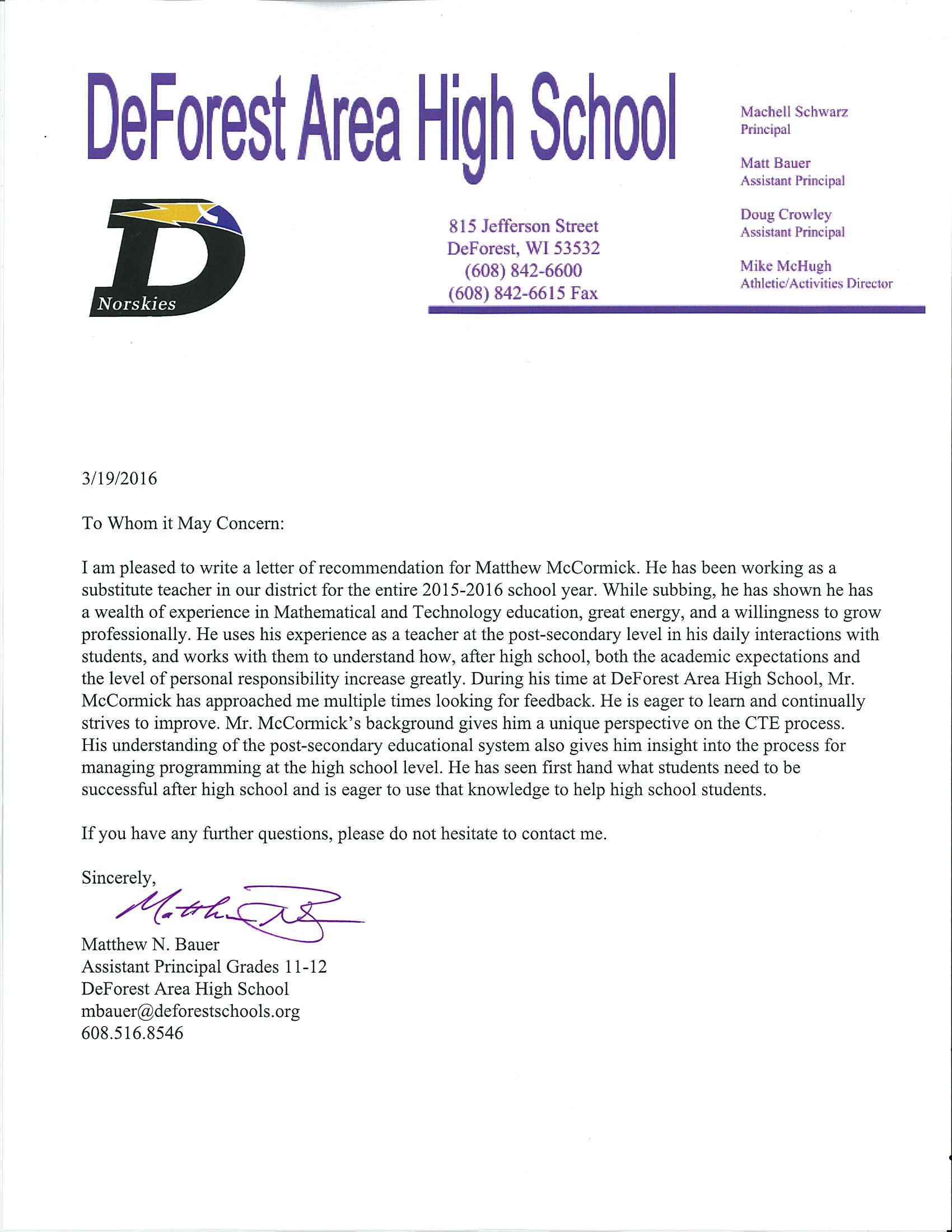 Sample Letter Of Recommendation For Vice Principal Position