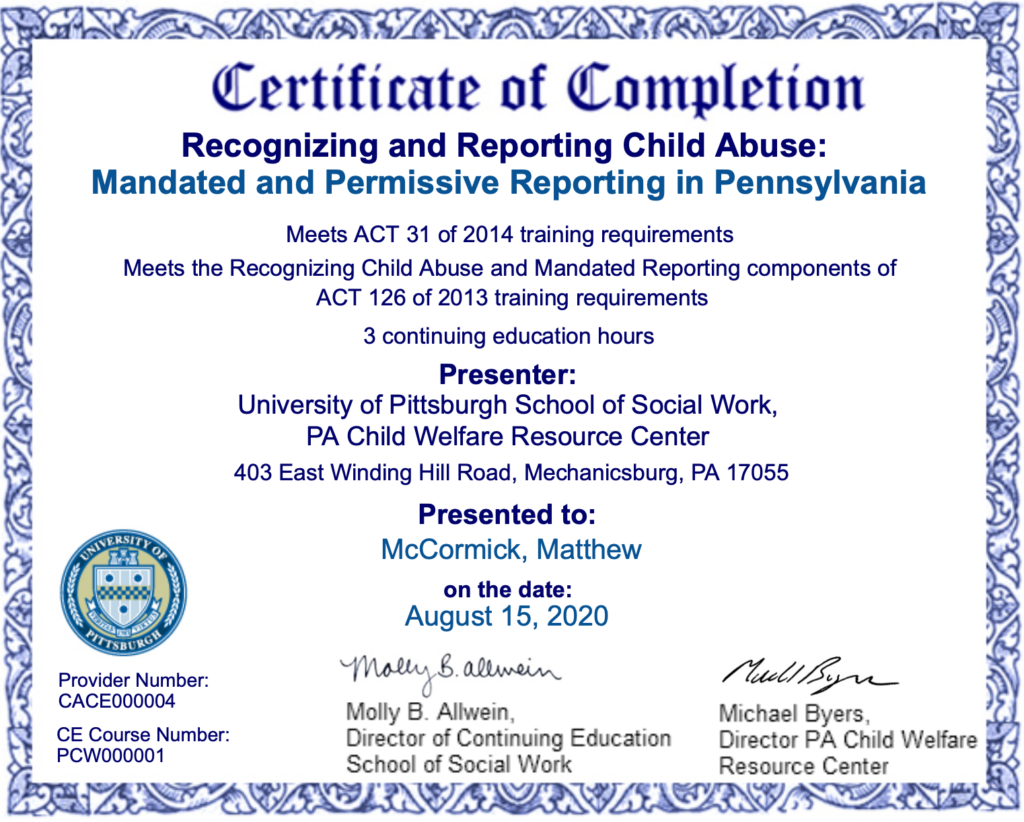 Certificate of Completion Recognizing Reporting Child Abuse